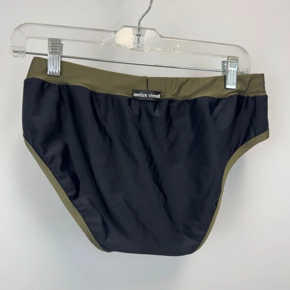 Modus Vivendi Mens Snap Front Pouch Swim Briefs Olive Green Black XL Made Greece